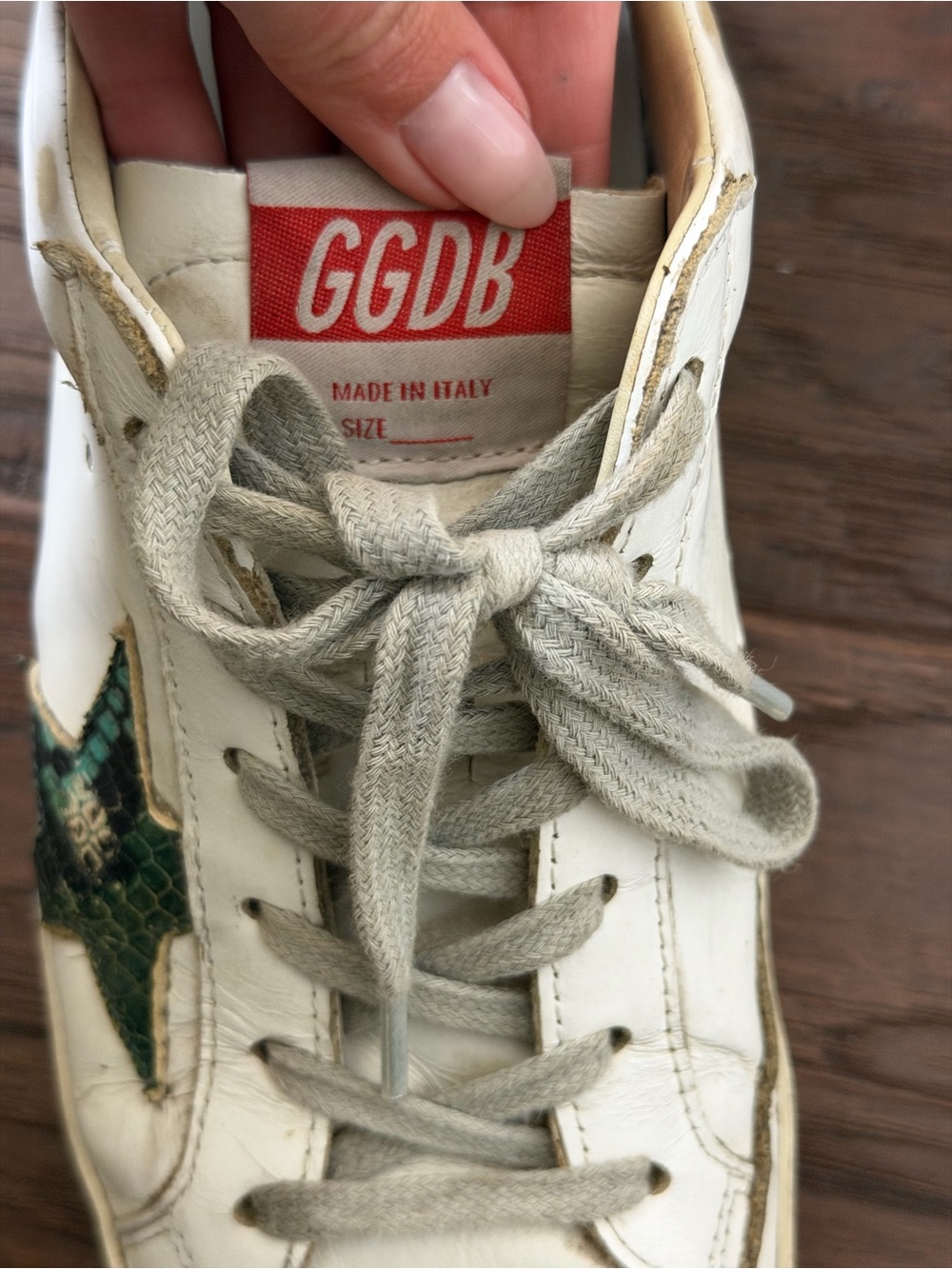 Golden Goose White Sneakers with Green Star and Silver Glitter Heel - Picture 4 of 8